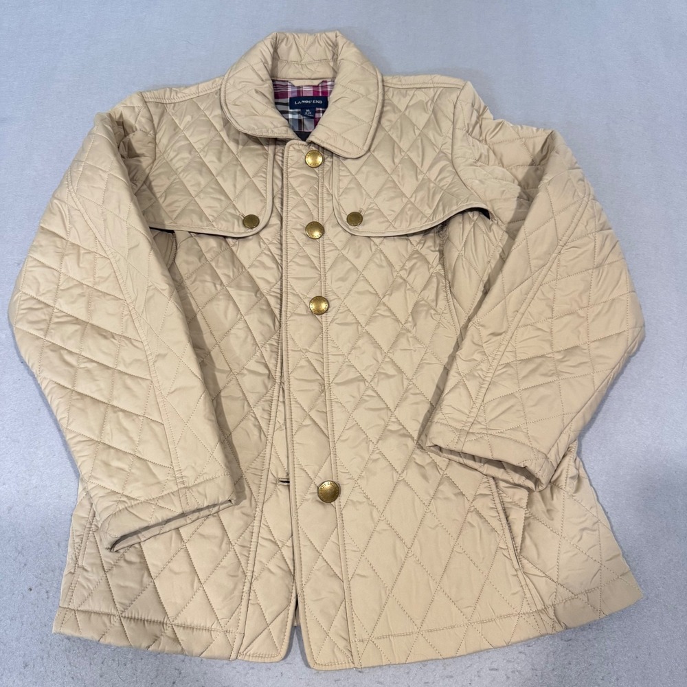 Lands' End Quilted Barn Jacket Women XL Tan Plaid Lined Gold Button Storm Flap